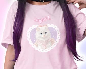 Anguish Coquette Cat Shirt, Cutecore White Cat Vintage 2000s Pastel Yume Kawaii T-shirt,  Pink Soft Girl Aesthetic Retro T Shirt Funny Silly
