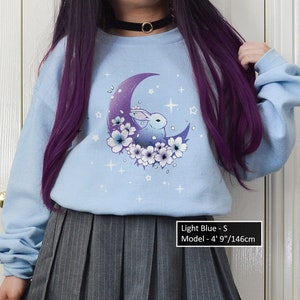 Cute Sakura Moon Bunny Sweatshirt Cherry Blossom Pastel Goth Celestial Rabbit Crew Starry Flowers Kawaii Aesthetic Sweater for Bunny Lover