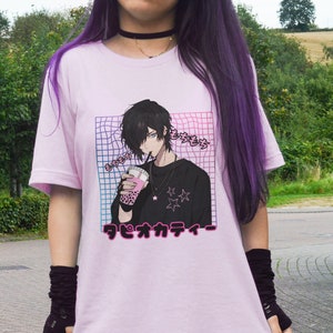 Gothic Anime guy Bubble Tea Shirt Cute Anime Boy Pastel Goth T-shirt Kawaii Grunge Anime Man Drinking Boba T shirt Japanese Aesthetic Tee