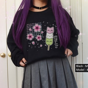 Sakura Tricolor Cat Dango Sweatshirt Cherry Blossom Japan Kawaii Food Mochi Neko Sweater Japanese Sweet Dessert Aesthetic Vaporwave Cute Top