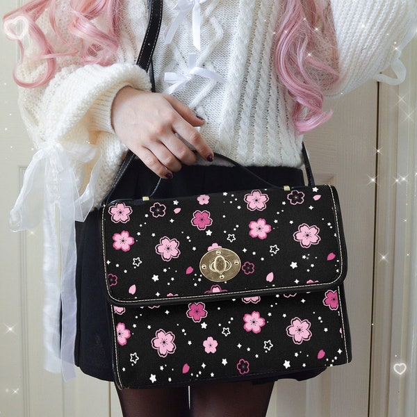 Celestial Sakura Handbag Yume Kawaii Cherry Blossom Cute Messenger Bag Japan Aesthetic Pastel Goth Crossbody Purse Canvas Satchel Bag Gift
