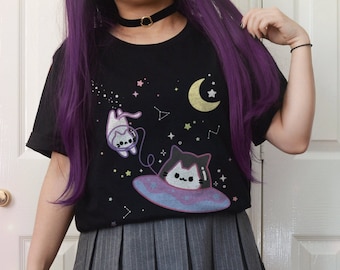 Kawaii Space Cats Shirt, Cute UFO Cat T Shirt, Galaxy Astronaut Kitty Tee for Cat Lover, Starry Aesthetic Celestial Alien Cat T-shirt Gift