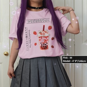 Strawberry Milk Bubble Tea Soft T-shirt Kawaii Japanese aesthetic tee Cute Pink Harajuku J fashion Streetwear Ichigo Miruku Tapioca Boba tee
