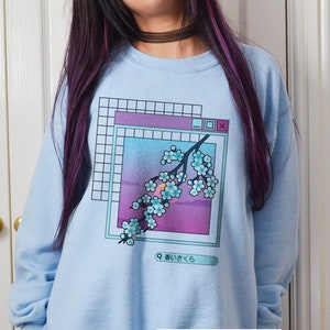 Blue Cherry Blossom Japanese Aesthetic Sweatshirt Aoi Sakura Flower Kawaii Sweater Pastel Vaporwave Retro J-fashion Streetwear Cozy Crewneck