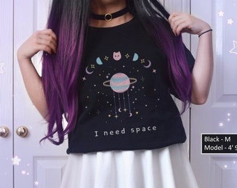 Pastel Goth Moon Phase Cat Shirt Cute Celestial Kitty Cotton T-shirt for Astrology Lover Starry Yami Kawaii Space Tee Introvert Tshirt Gift