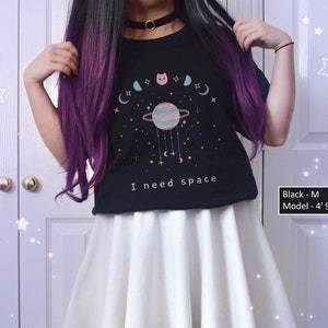 Pastel Goth Moon Phase Cat Shirt Cute Celestial Kitty Cotton T-shirt for Astrology Lover Starry Yami Kawaii Space Tee Introvert Tshirt Gift