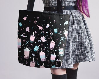 Harajuku Pastel Goth Boba and Cat Tote Bag Bubble tea Cute Aesthetic Tote Yami Kawaii Black Pink Reusable Bag Japan Anime Totebag for Gift