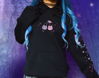 Cherry Cat Hoodie Pastel Goth Aesthetic Hoody for Kitty Lover Yami Kawaii Celestial Hooded Sweatshirt Cute Star Sleeve Print Pink Gradient