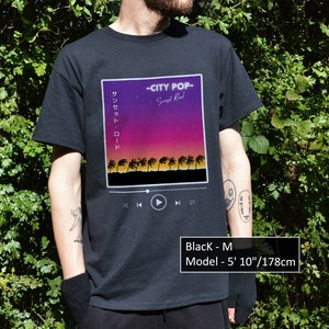 Vaporwave Sunset City Pop Shirt Palm Tree Road Drive Retro Japanese Pop Album cover Tee Music Player Vapor Aesthetic 90s Japanese Streetwear