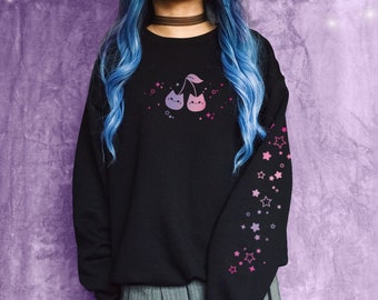 Cherry Cat Sweatshirt Pastel Goth Aesthetic Jumper for Kitty Lover Yami Kawaii Celestial Jumper Cute Star Sleeve Print Pink Gradient Sweater