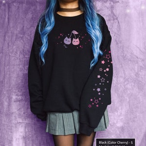 Cherry Cat Sweatshirt Pastel Goth Aesthetic Jumper for Kitty Lover Yami Kawaii Celestial Jumper Cute Star Sleeve Print Pink Gradient Sweater