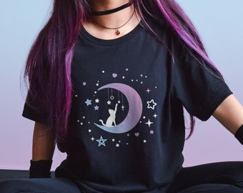 Pastel Goth Moon Cat Shirt Soft Cotton Light Tee Starry Night Kawaii Aesthetic T-shirt  for Cat Lover Cute Lunar Kitty Tee Streetwear Gift