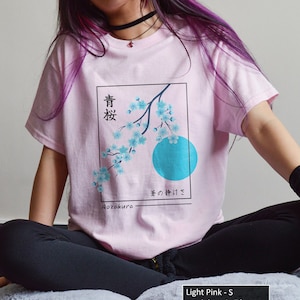 Aoi Sakura Japanese Aesthetic Shirt Front or Back Design Blue Cherry Blossom Flower Tee for Japan Lover Vaporwave Retro Streetwear Tshirt