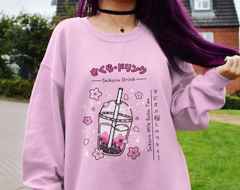 Sakura Milk Boba Sweatshirt Cherry Blossom Bubble Tea Crewneck Cute Japanese Aesthetic Harajuku Jfashion Yami Kawaii Streetwear Jumper Gift