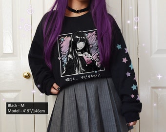 Pastel Goth Anime Boba Sweatshirt Star Sleeve Design Bubble tea Yami Kawaii Harajuku Sweater Cute Anime girl Jumper J-fashion Boba Lover Top