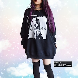 Goth Anime Girl Boba Sweatshirt Black and White Bubble tea Crew 90s Manga Kawaii Emo anime Jumper Cute Japan Aesthetic Boba Lover Sweater