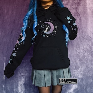 Pastel Goth Moon Cat Hoodie Star Sleeve Print Starry Night Kawaii Aesthetic Hooded Sweatshirt for Cat Lover Cute Lunar Kitty Crew for Gift