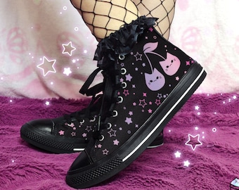 Cherry Cat Cute Shoes Yami Kawaii High Top Celestial Sneakers Starry Kitty Gradient Pastel Goth Aesthetic Black Pink Casual Canvas Trainers