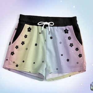 Harajuku Rainbow Sakura Shorts Cute Celestial Cherry Blossom Pastel Goth Shorts with Pockets Starry Yami Kawaii Jfashion Alt Clothes Stars