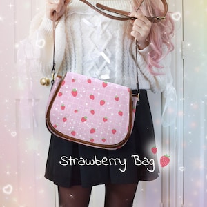 Cute Pink Strawberry Bag Soft Girl Aesthetic Kawaii Celestial Starry Harajuku Handbag Red Ichigo Pattern Crossbody Purse Canvas Saddle Bag