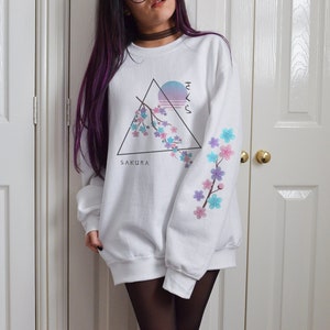 Pastel Sakura Sweatshirt Front and Sleeve design Japanese Aesthetic Cherry Blossom Flower Sweater for Japan Lover Vaporwave Retro Jfashion