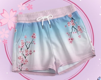 Vaporwave Kawaii Sakura Shorts Japanese Aesthetic Cherry Blossom Shorts with Pockets Pink Blue Gradient Pastel Goth Cute Sport Casual Shorts