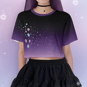 Pastel Goth Sakura Crop Top Yami Kawaii Celestial Cherry Blossom Cropped Shirt Purple Gradient Japanese Aesthetic Stars Cute Loose T-Shirt