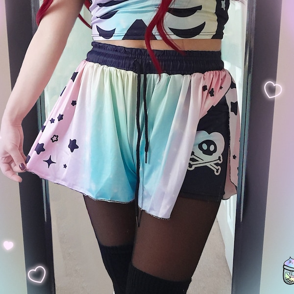 Starry Pastel Goth Skorts Gradient Yami Kawaii Skull Stretchy Shorts with Pockets Creepy Cute Flowy Short Sport / Casual Alt Aesthetic Style