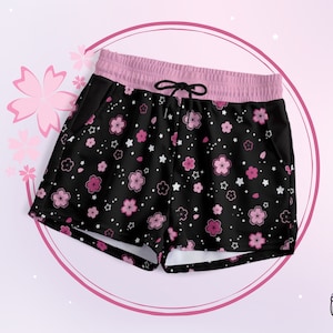 Cute Starry Sakura Shorts Pastel Goth Cherry Blossom Shorts with Pockets Black Pink Celestial Harajuku Shorts Yami Kawaii Japanese Aesthetic