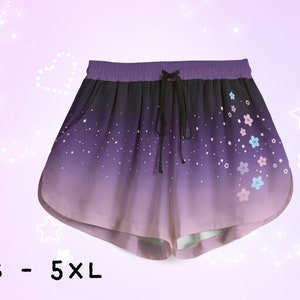 Purple Celestial Cute Sakura Shorts, Gradient Pastel Goth Cherry Blossom Double Layer Shorts with Pockets, Starry Harajuku Kawaii Aesthetic