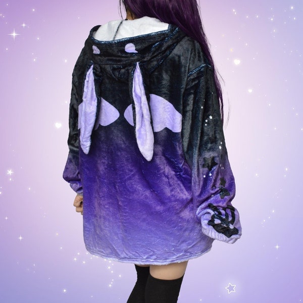 Fluffy Harajuku Purple Bunny Ear Hoodie with Wings Yami Kawaii Pastel Goth Rabbit Jacket Creepy Cute Zip Up Hoody Ombre Alternative JFashion