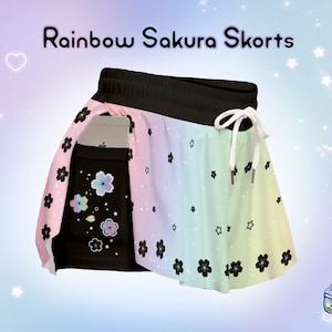 Cute Rainbow Sakura Skorts Celestial Yami Kawaii Grunge Cherry Blossom Pastel Goth Shorts with Pockets Fairy Kei Japan Aesthetic Shorties