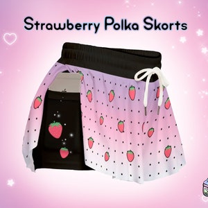 Cute Strawberry Skorts Yami Kawaii Polka Dots Flowy Stretchy Shorts with Pockets Gradient Pastel Goth Alt Aesthetic Cute Sport Pink Shorties