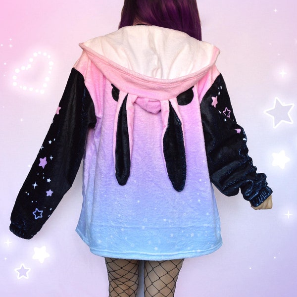 Fluffy Pastel Goth Bunny Ear Hoodie Yami Kawaii Rabbit Hoody Creepy Cute Fuzzy Zipper Hoodie Gradient Japanese Alt Aesthetic J Fashion Coat