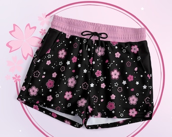 Cute Starry Sakura Shorts Pastel Goth Cherry Blossom Shorts with Pockets Black Pink Celestial Harajuku Shorts Yami Kawaii Japanese Aesthetic