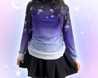 Kawaii Purple Sakura Sheer Top, Cute Cherry Blossom See Through Top Harajuku Constellation Flower Shirt Celestial Floral Japanese Streetwear