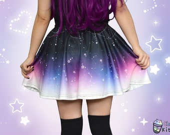 Kawaii Zodiac Constellations Skater Skirt Cute Aesthetic Celestial Flare Skirt Gradient Blue Purple Starry Sky Skirt Cosmic Galaxy Miniskirt