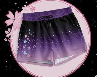 Purple Celestial Sakura Shorts Gradient Pastel Goth Cherry Blossom Shorts with Pockets Creepy Cute Star Harajuku Short Yami Kawaii Aesthetic