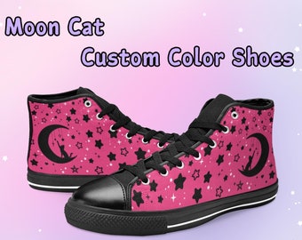 Custom Color Pastel Goth Moon Cat Shoes Yami Kawaii High Top Sneakers Celestial Kitty Cute Fairy Kei Aesthetic Customisable Canvas Trainers