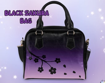 Pastel Goth Cherry Blossom Bag Purple Gradient Kawaii Sakura Shoulder Bag Elegant Japanese Flower Purse Cute Japan Aesthetic Black Handbag