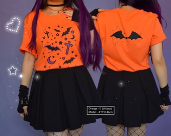 Kawaii Bat Wings Halloween Shirt Pastel Goth Creepy Cute T-Shirt Aesthetic Spooky Season Tshirt Back Print Wings Stars and Cross Bat T Shirt