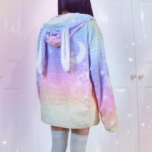 Rainbow Sakura Bunny Ear Hoodie Aesthetic Celestial Colorful Yume Kawaii Jacket Pastel Cherry Blossom Rabbit Cute Floral Hoody Dreamy Stars