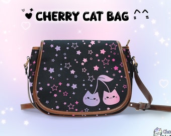 Cat Cherry Bag Celestial Pastel Goth Handbag Yume Kawaii Dreamy Kitty Star Cherries Purse Cute Fairy Kei Aesthetic Starry Pink Saddle Bag