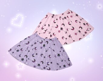 Cute Pastel Goth Constellation Skirt Celestial Mystical Moon and Stars Flare Skirt Yami Kawaii Harajuku Pink Skirt Alt Aesthetic J Fashion