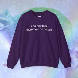 May include: A dark purple sweatshirt with the text "i do not think therefore i do not am" in white. The sweatshirt is a crew neck style and has long sleeves. The background features a raccoon and a rainbow-colored design.