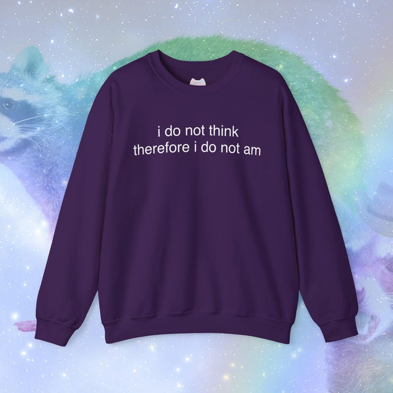May include: A dark purple sweatshirt with the text "i do not think therefore i do not am" in white. The sweatshirt is a crew neck style and has long sleeves. The background features a raccoon and a rainbow-colored design.