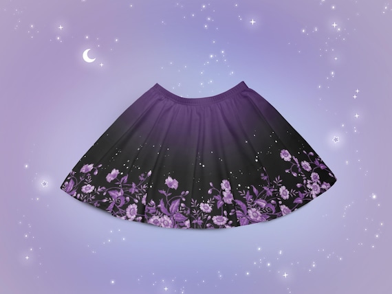 Gothic Floral Skirt, Purple Wildflowers Celestial Wild Flowers Flare Skirt, Dark Cottagecore Aesthetic Skater Skirt, Kawaii Goth Alternative