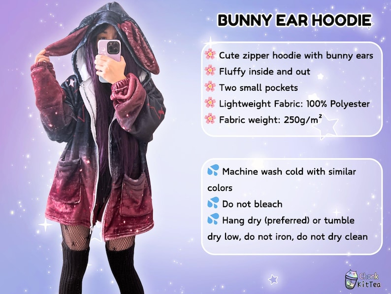 May include: A red and black hooded sweatshirt with bunny ears. The hoodie has two pockets and a zipper closure. The text "BUNNY EAR HOODIE" is at the top of the image. The text below the hoodie description reads: "Cute zipper hoodie with bunny ears. Fluffy inside and out. Two small pockets. Lightweight Fabric: 100% Polyester. Fabric weight: 250g/m&sup2;. Machine wash cold with similar colors. Do not bleach. Hang dry (preferred) or tumble dry low, do not iron, do not dry clean."