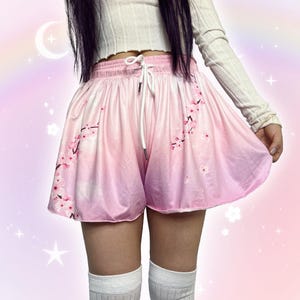Yume Kawaii Pink Sakura Skorts, Starry Harajuku Cherry Blossom Shorts w/ Pockets, Sparkle Stars Cute Soft Aesthetic Celestial Flowy Shorties