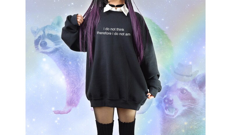May include: Black oversized sweatshirt with the text "i do not think therefore i do not am" in white. The sweatshirt is paired with a white collared shirt and black fishnet stockings. The background features raccoon illustrations and a rainbow.